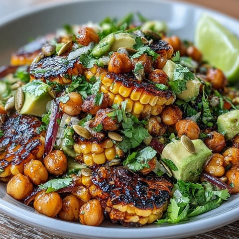 A colorful plant-based salad featuring roasted corn, chickpeas, and fresh cilantro, topped with creamy avocado and pepitas.  