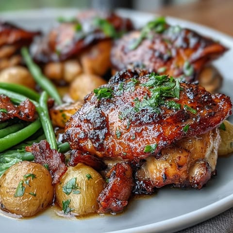 Juicy honey garlic glazed chicken thighs roasted with baby potatoes and green beans on a sheet pan for an easy weeknight dinner.  