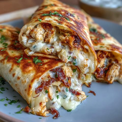 Delicious low-carb cheesy garlic chicken wraps with tender shredded chicken and melted mozzarella in golden tortillas.