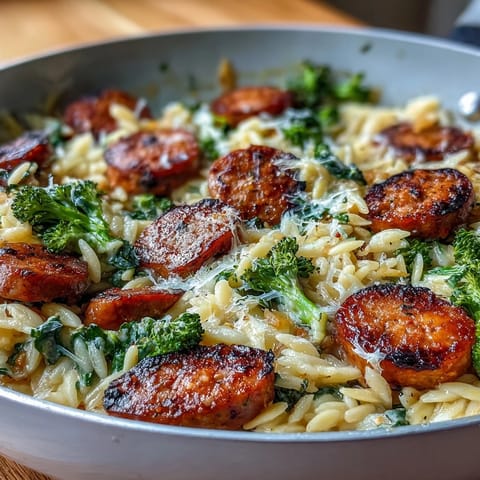 Comforting weeknight dinner featuring chicken sausage, crisp broccoli, and creamy Parmesan orzo in a single skillet.  
