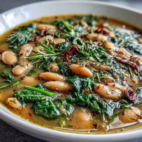 Creamy cannellini beans and vibrant spinach in a fragrant herb broth, perfect for a cozy vegan dinner.  