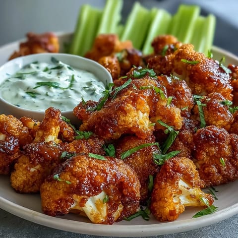 Golden-brown cauliflower wings tossed in homemade Buffalo sauce, offering a flavorful vegetarian alternative to classic chicken wings.