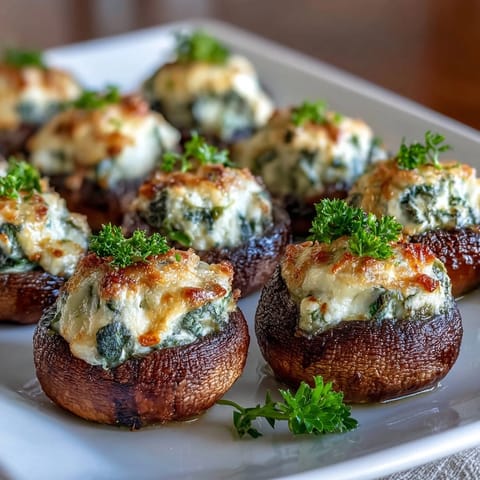 Air fryer stuffed mushrooms bursting with creamy spinach and cheese filling, golden and crispy on top. A perfect vegetarian appetizer for parties or gatherings.
