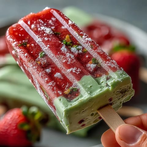 Refreshing spring popsicles featuring sweet strawberries and smooth matcha latte in every colorful bite.