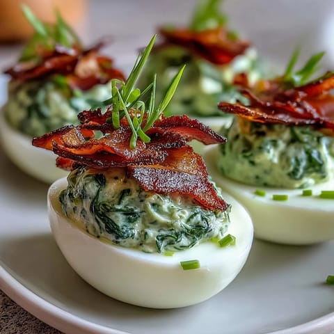 Colorful deviled eggs with spinach herb filling, topped with crispy ham for a festive twist.  