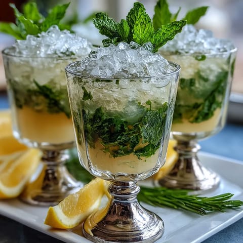 Mini mint julep mocktails in silver cups, garnished with fresh mint and lemon slices, perfect for Derby Day celebrations.