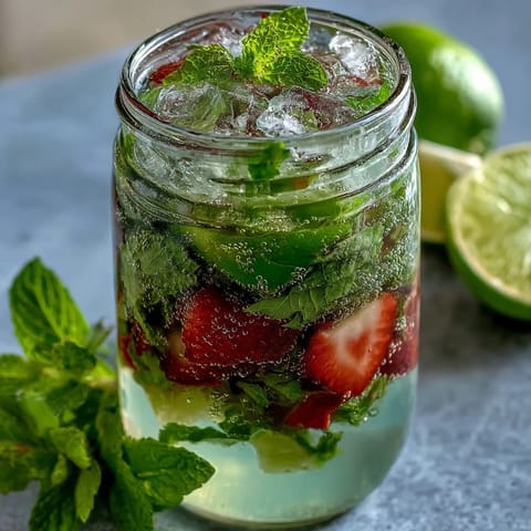 Refreshing virgin mojito pitcher with fresh mint, lime, and strawberries, served in a clear glass pitcher with ice and citrus slices.