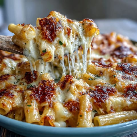 One-pot cheesy pasta bake with bubbling mozzarella and golden Parmesan crust, baked until irresistibly gooey.