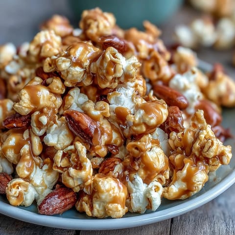 Crunchy caramel-coated popcorn combined with salted peanuts in a golden snack mix, ideal for movie nights or sports viewing parties.  