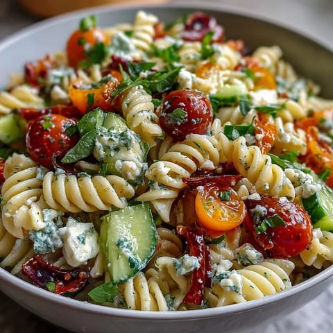 Easy Picnic Pasta Salad with Italian Dressing: vibrant rotini tossed with fresh veggies, mozzarella, and zesty Italian dressing, perfect for summer gatherings.