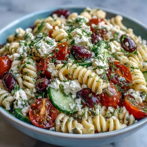 A vibrant Greek-style summer pasta salad with olives, feta, and fresh vegetables, perfect for warm-weather gatherings.  