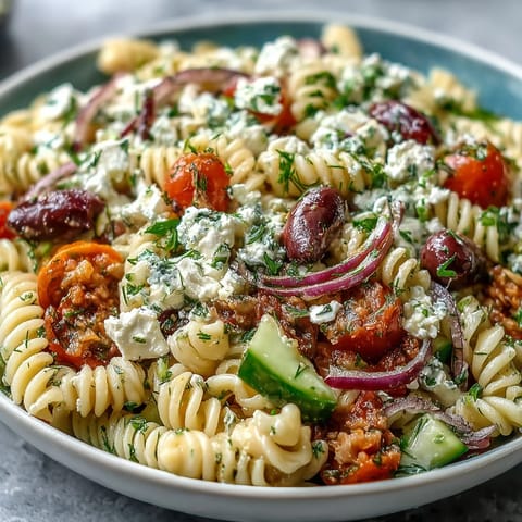 Colorful Greek pasta salad with juicy tomatoes, crisp cucumbers, briny olives, and creamy feta, tossed in zesty olive oil dressing.  
