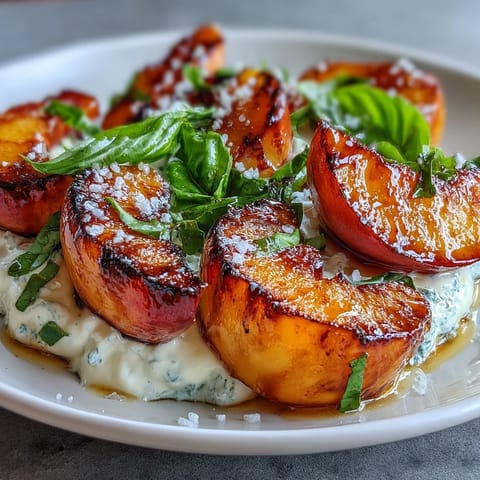 Grilled peach and burrata salad with honey, showcasing sweet caramelized peaches and creamy cheese on a bed of fresh arugula.