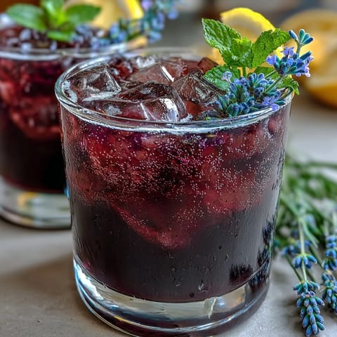 A vibrant glass of Purple Rain Lavender Lemonade Refresher, glowing with a deep purple hue and garnished with fresh lavender sprigs.