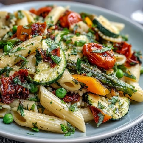 Spring Pasta Primavera with Fresh Veggies, a vibrant mix of crisp vegetables and tender pasta tossed in a bright herby sauce.