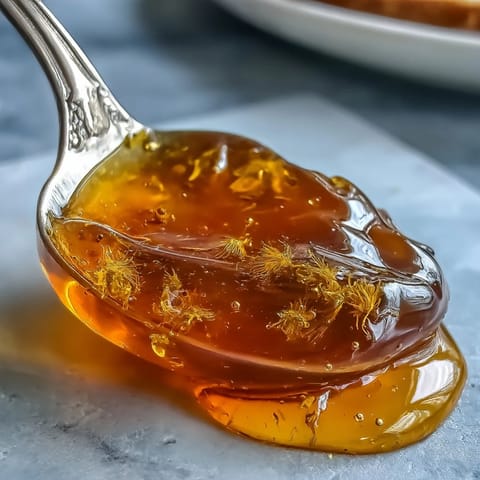 Bright golden dandelion jelly in a clear jar, ready to spread on warm toast or scones.