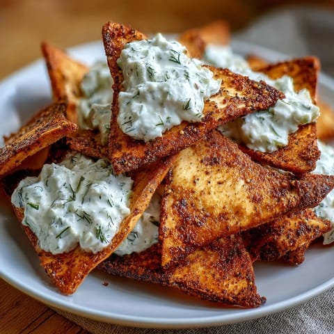 Homemade pita chips with tzatziki, crispy and golden, served with cool, creamy cucumber yogurt dip for a perfect snack.