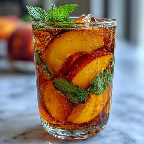 A tall glass filled with sparkling mango peach tea, garnished with fresh mint and fruit slices, perfect for summer refreshment.