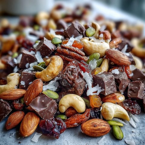 Homemade Trail Mix with Dark Chocolate in a rustic wooden bowl, featuring roasted nuts, dried fruits, and rich chocolate chunks.