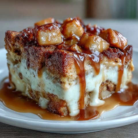 Freshly baked Caramel Apple Cheesecake Bread Pudding with a golden, custardy top and gooey caramel drizzle.