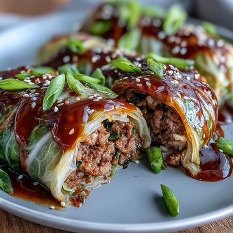 Korean cabbage rolls with spicy beef filling, tender steamed leaves served with savory dipping sauce.  