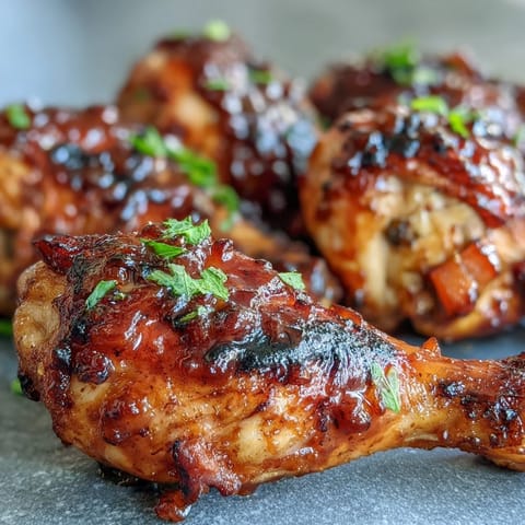 Tender BBQ Chicken Drumsticks coated in a sticky, sweet-spicy peach glaze.
