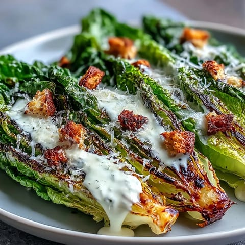 Smoky grilled romaine hearts topped with croutons and Parmesan for a delightful salad.