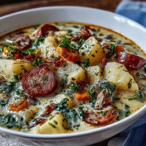 Hearty Easy German Potato Soup steaming in a bowl with a dollop of sour cream.