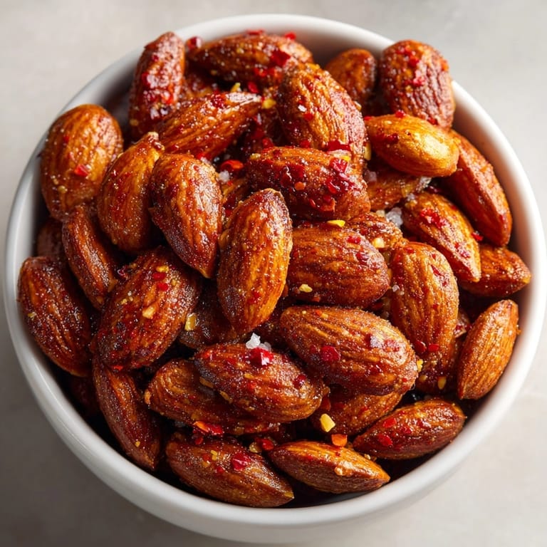 Pile of homemade smoky paprika roasted almonds, glistening with oil and vibrant spice coating.
