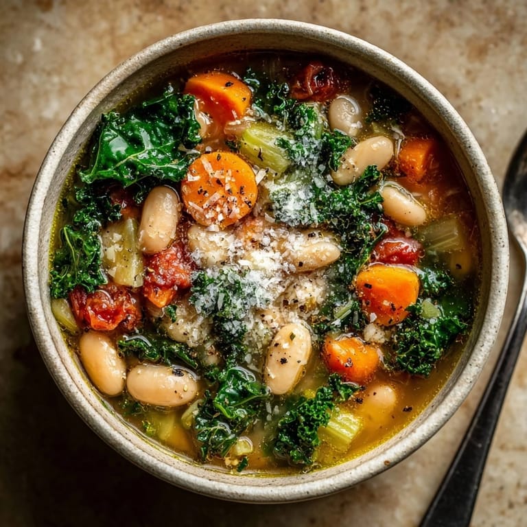 Delicious, easy One-Pot Tuscan White Bean Soup, served with crusty bread and fresh basil.