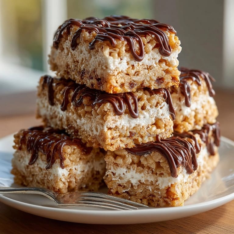 Homemade Chocolate Drizzle Rice Krispie Bars, a crunchy, chewy classic with rich chocolate perfection.