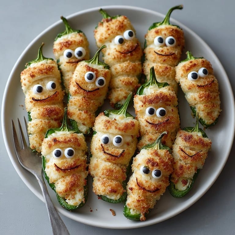 Spooky Mummy Jalape&amp;ntilde;o Poppers: cheesy, dough-wrapped bites with creamy centers and candy eyes.