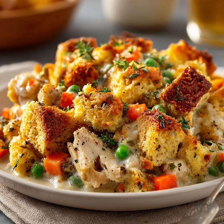 Close-up of savory Chicken &amp; Stuffing Casserole, tender chicken and herb-infused stuffing.