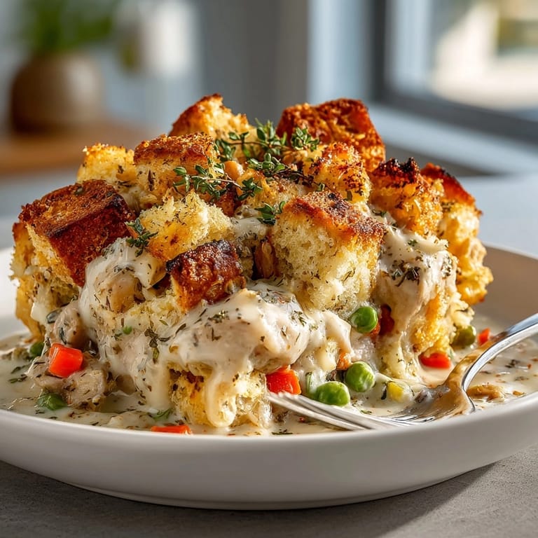 Creamy homemade Chicken &amp; Stuffing Casserole: a flavorful baked dish served warm.