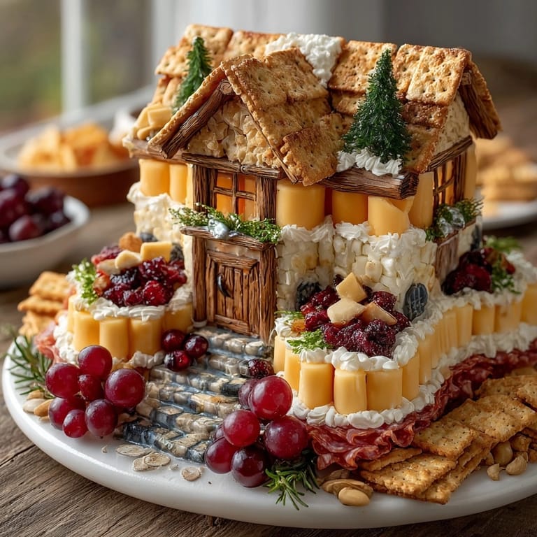 Close-up image of the delicious Charcuterie Chalet, crafted with cheeses, crackers, and festive garnishings.