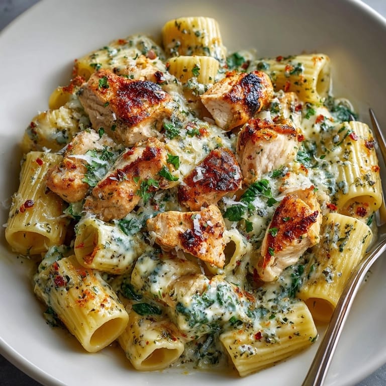 Scoops of Creamy Pesto Chicken Pasta Bake show cheesy topping and sauce-coated penne.