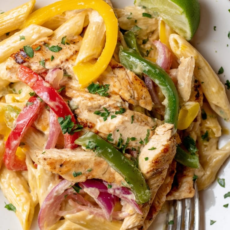 Imagine a swirl of Alfredo Chicken Fajita Pasta, colorful peppers glistening in cheesy sauce.