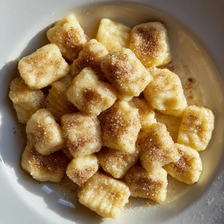 Homemade Cinnamon Sugar Ricotta Gnocchi, cooking in butter till golden, sweetly glazed.