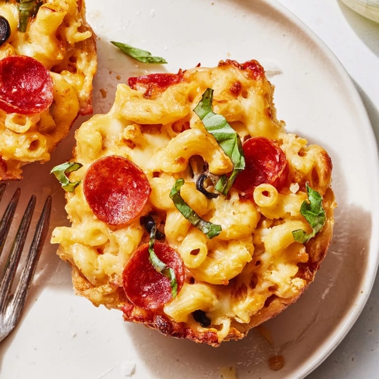 Close-up, gooey Mac and Cheese Alfredo Pizza Muffins showing melted cheese and crispy crust.