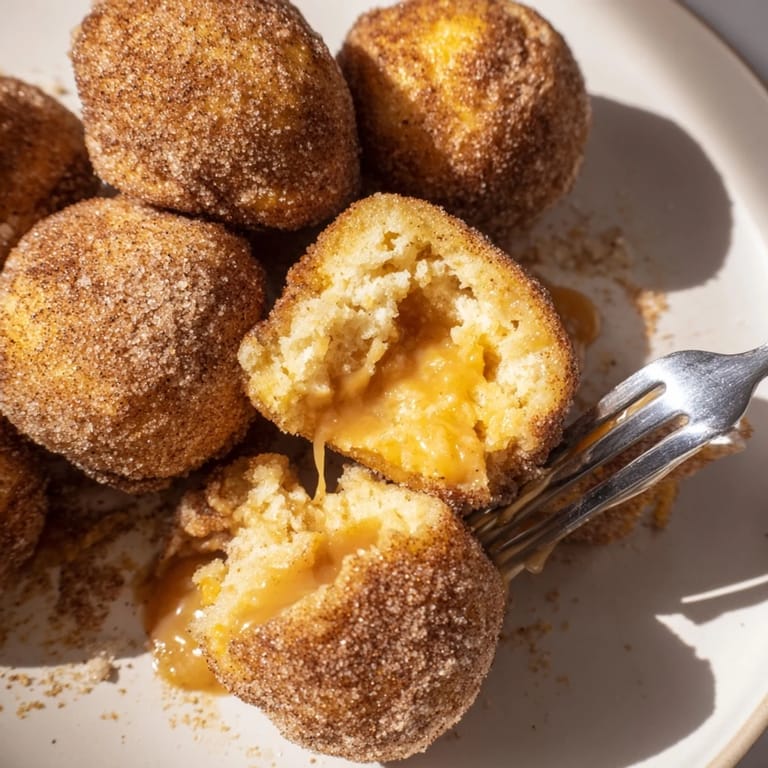 Warm pumpkin pancake balls filled with gooey caramel, featuring aromatic chai spices for taste.