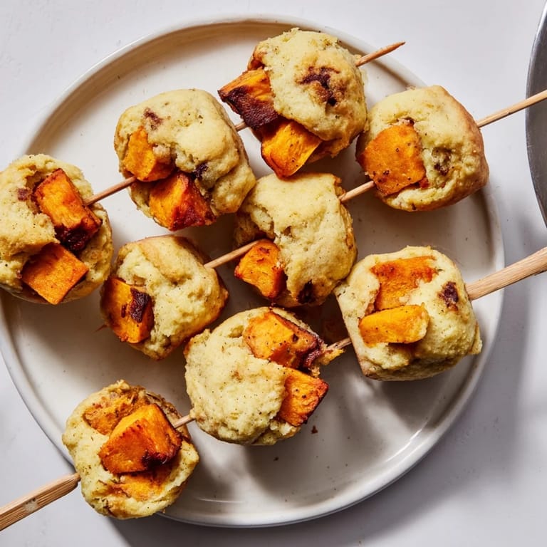 Savory-sweet Sweet Potato Chili Garlic Biscuit Muffin Skewers, perfect for sharing at parties.  