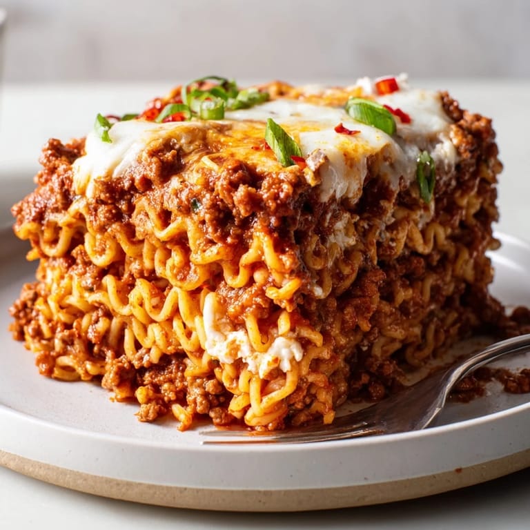 Comforting Spicy Ramen Lasagna combines flavorful ingredients for a bold, fusion dining experience.
