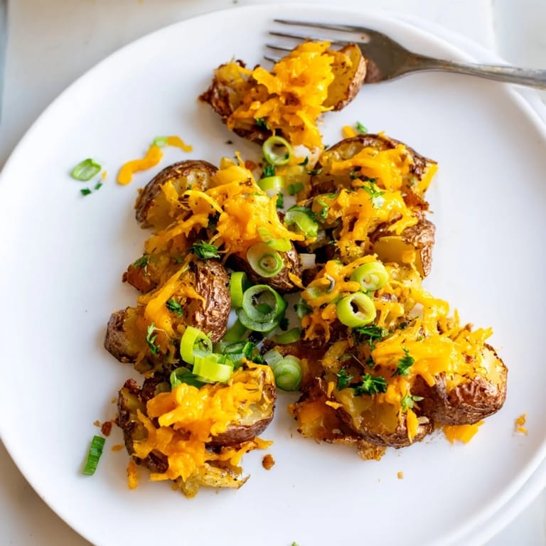 Savory smashed green onion potato bombs, golden brown and ready to serve.  