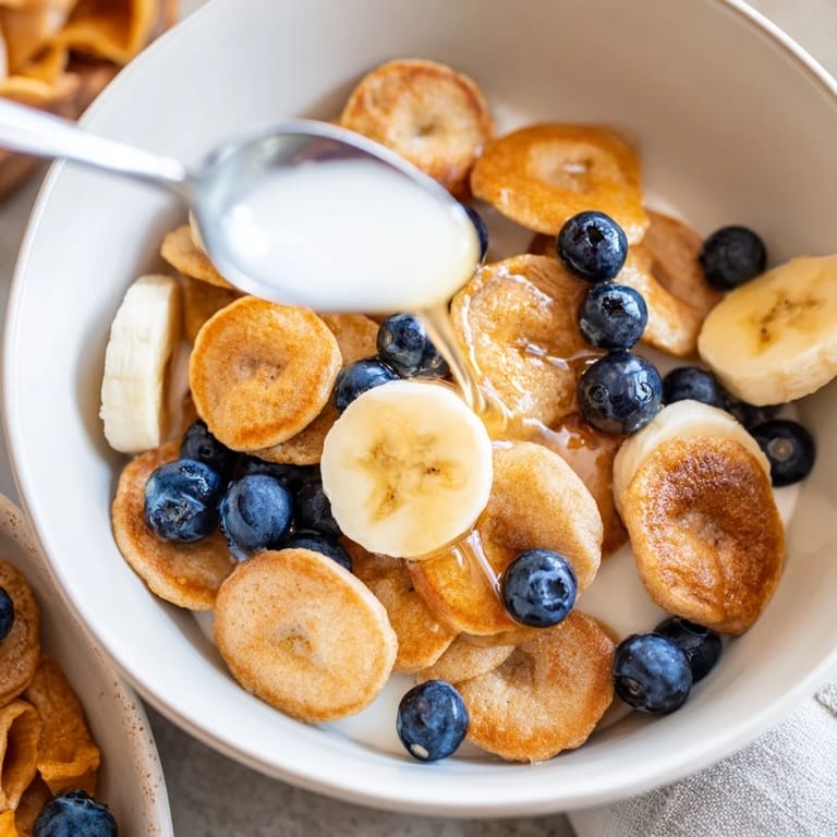 Bite-sized pancake cereal topped with fresh berries and sweet maple syrup for breakfast.  