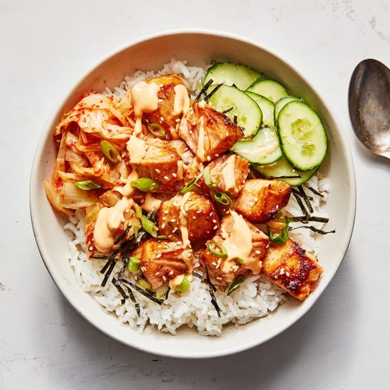 Delicious crispy salmon rice bowl served with fresh cucumber and garlic crunch.