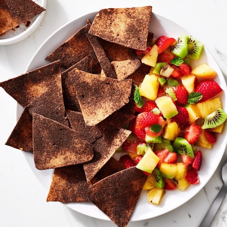 Colorful Dessert Chips & Salsa, featuring homemade chocolate chips alongside tropical fruit salsa.