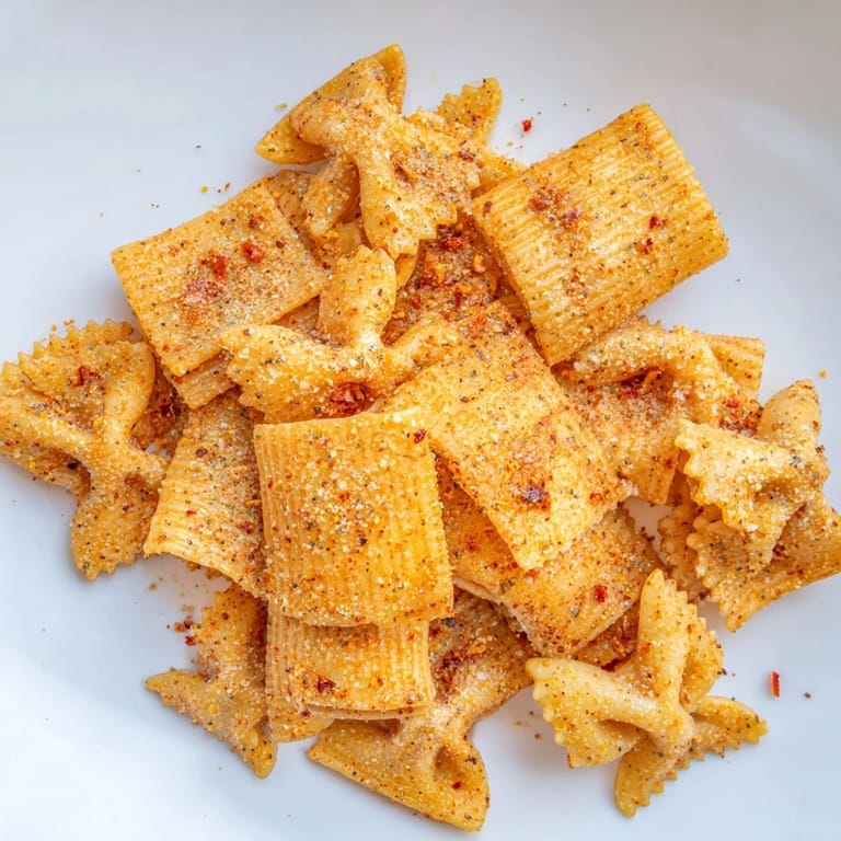 Oven-baked pasta chips seasoned variety, perfect for dipping in creamy hummus.  