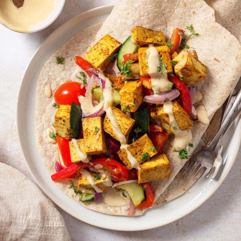 Delicious vegan viral dish with marinated tofu, colorful vegetables, and creamy tahini sauce.  