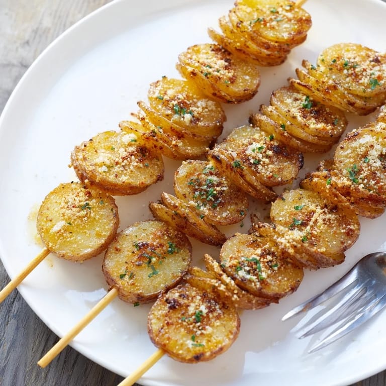Golden spiral-cut potatoes on skewers, an irresistible snack seasoned with garlic and paprika.