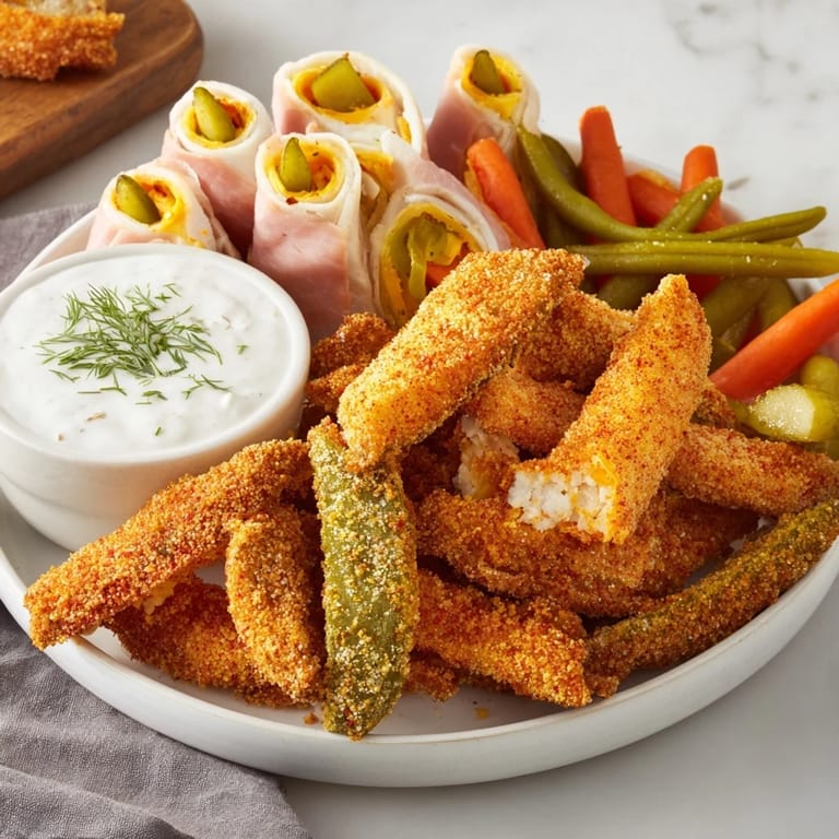 A vibrant platter of fried pickles and assorted pickled vegetables for sharing fun.